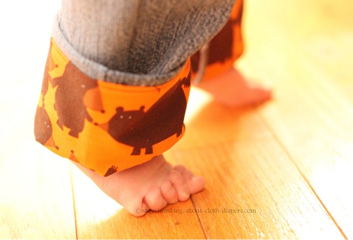 cuff of beanstock britches cloth diaper jeans featuring Get together bears quilting cotton from Free Spirit Fabrics